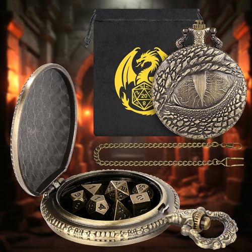 Mini DND Dice Set with Retro Dragon's eyes Pocket Watch Shell Case, DND Starter Set, 7pcs Polyhedral Mini Metal Dice Set, D&D Gifts with Gift Bag, Role Playing Board Game Accessories, Bronze - color: Bronze