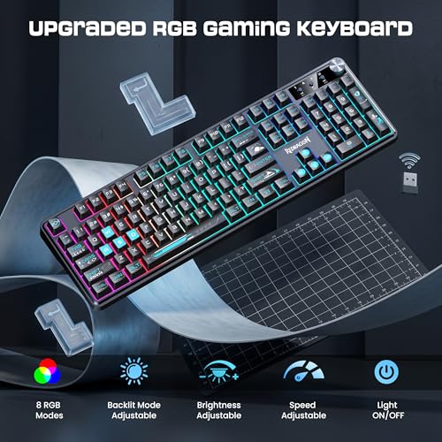 Redragon RM104 Wireless Gaming Keyboard with Knob, Tri-Mode BT/2.4G/USB-C RGB Computer Keyboards, 4000mAh Battery, Programmable Software Support, Anti-Ghosting, Compatible with PC Mac - Black & Blue - color: Black & Blue