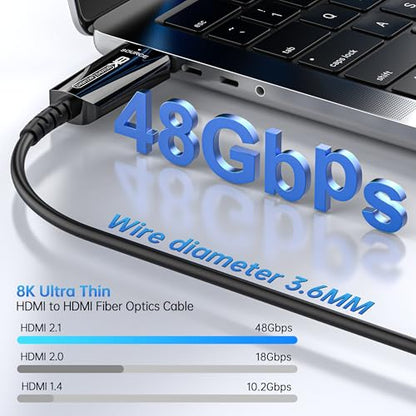 Fiber Optic HDMI Cable 65 FT, 8K Long HDMI 2.1 Cable, Thin HDMI Cord 48Gbps Ultra High Speed, 8K@60Hz, 4K@240Hz/120Hz, Dynamic HDR, eARC, HDCP 2.2&2.3, 3D, Compatible for PS4/5/Xbox/TV/Laptop - size: 65 feet