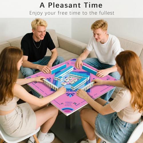 Mahjong Mat with Lotus & Butterfly Artwork - 32.4x32.4 Inch Hand-Painted Style Rubber Mat, Waterproof Surface, Anti-Slip Foldable Design for Asian-Themed Game Nights (Pink) - color: Pink-hehua
