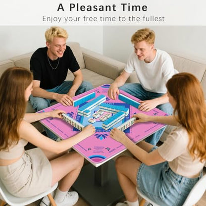 Mahjong Mat with Lotus & Butterfly Artwork - 32.4x32.4 Inch Hand-Painted Style Rubber Mat, Waterproof Surface, Anti-Slip Foldable Design for Asian-Themed Game Nights (Pink) - color: Pink-hehua