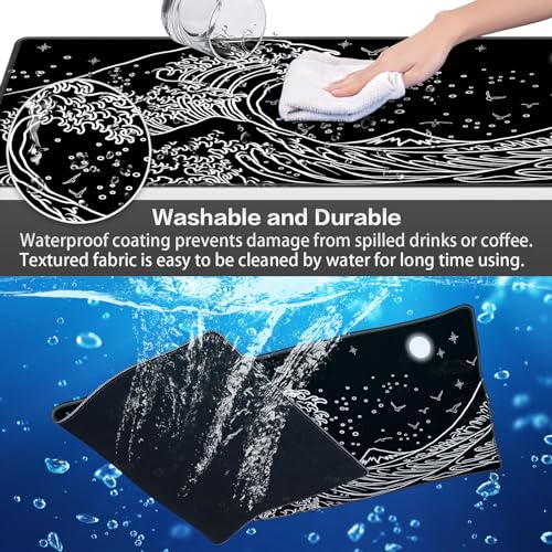 Canjoy Large Gaming Mouse Pad, 31.5x11.8in Computer Keyboard and Mouse Mat | Japanese Sea Wave XXL-Large Mouse pad Full Desk Mousepad Extended Computer Desk Pad with Rubber & Double Stitched - color: Black-Sea Wave, size: 800*300mm