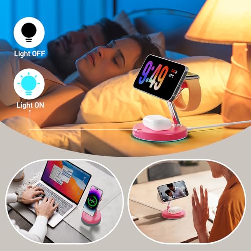 【Adjustable Blue Ambient Light】 Wireless Charger 3 in 1 for iPhone, Magnetic Charging Station for Apple Family,15W Fast MagSafe Charger Stand,for iPhone17-12-iWatch AirPods Series - color: Rose Red