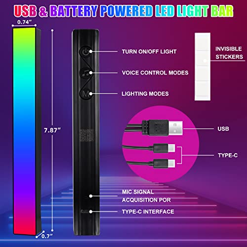 Battery Powered Rhythm Light Bar, RGB Sound Control Pickup Rhythm Lights, APP Control 32 Bit Music Level LED Lights, USB Rechargeable Voice Activated Atmosphere Light for Game Car TV DJ Studio - 2Pcs