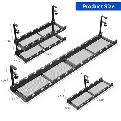 31Inch Extendable Under Desk Cable Management Tray Multi-Model Metal Cable Management Tray Under Desk Cord Management with Clamp Power Strip Cord Holder for Wire Cable Management