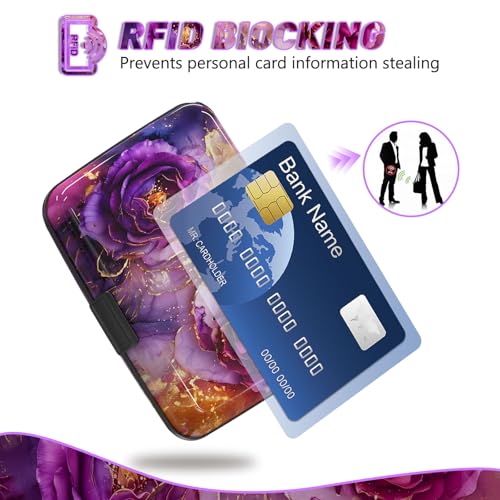 Credit Card Holder, Business Card Case Mini RFID Small Aluminum Card Wallet | Blocking Slim Metal RFID Blocking Front Pocket Wallet Hard Case Durable CC Holder for Women Girl, Purple Marble Flower - color: Purple Marble Flower