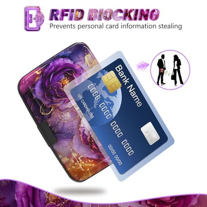Credit Card Holder, Business Card Case Mini RFID Small Aluminum Card Wallet | Blocking Slim Metal RFID Blocking Front Pocket Wallet Hard Case Durable CC Holder for Women Girl, Purple Marble Flower - color: Purple Marble Flower