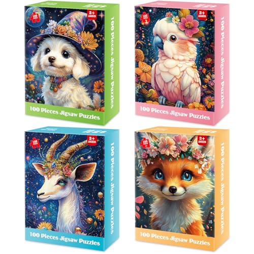 4 Packs 100 Piece Puzzles for Kids Ages 4-6, Jigsaw Puzzles for Kids Ages 6-8 8-10 Adorable Animals Puzzles 100 Pieces for Senior Search and Find Learning Educational Toys for Boys and Girls - style: Puppy Parrot Fox