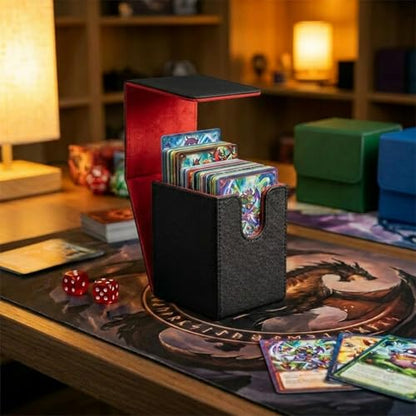 Vertical Deck Box Plus Version, Large Trading Card Case Fits 100+ Double Sleeved Cards, Premium Saffiano Leather TCG Storage for MTG Commander, Pokémon, TCG, CCG, Magnetic Closure -Black+ Red - color: VP Black+Red
