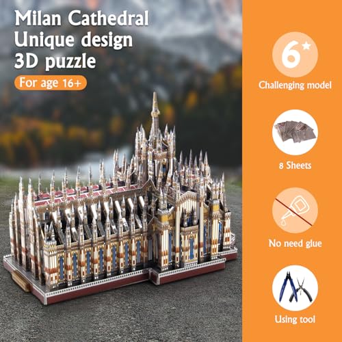 Microworld 3D Metal Puzzle Model Kits, Italy Milan Cathedral Architecture Model Building Kit, 3D Puzzles for Adults Laser Cut Jigsaw Brain Teaser Art Craft Kits (Duomo Di Milano)