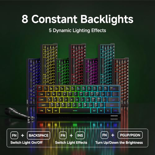 SEUNKWANG F61 60% Gaming Keyboard Wired, RGB Backlit Membrane Keyboard with PBT Keycaps, Compact Design, Lanyard Wired Keyboard for Mac/Win (Black, Wired) - color: Black