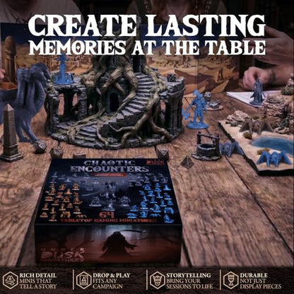 Underdusk Chaotic Encounters: 64 DND Miniatures for Dungeon Masters – 24 Designs, 28mm Bulk Set with 4 Bosses (Hydra, Fire Elemental, Gluttony, Forest Guardian) – Unpainted, 5e Stat Blocks Included