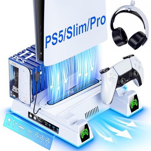 Svetaecho PS5/Slim/Pro Stand and Turbo Cooling Station with Controller Charging Station for PlayStation 5 Digital/Disc Console, LED Cooling Stand PS5/Slim/Pro Accessories Kit with 3 Level Cooler Fan
