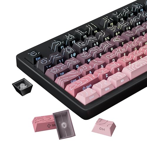 FunHub Shine Through PBT Keycaps - Pink Side Printed DoubleShot Keycaps Set 133 Keys 60 65 75 100 Percent Cherry Profile,Gradient Topographic RGB Backlit Key Caps for MX Full Size Mechanial Keyboards - color: Pink