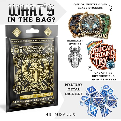 HEIMDALLR Mystery Metal DND Dice Set 2-Pack – 7pc Blind Bag with Random Class & Funny DND Stickers – Metal Role Playing Dice for Dungeons and Dragons – Gift for D&D Players, Great for New - color: Mystery Metal Dice 2-pack