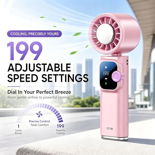 Portable Handheld Fan with Ice Cooling Personal Rechargeable Mini Neck Fan | 20000RPM,199-Speed 4000mAh Battery Powered up to 15hrs with LED Display for Travel, Camping & Outdoor, Pink - color: Pink