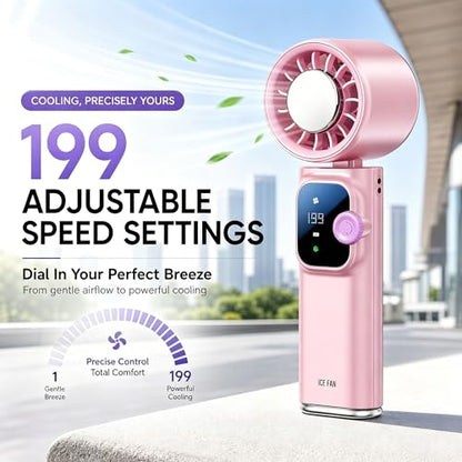 Portable Handheld Fan with Ice Cooling Personal Rechargeable Mini Neck Fan | 20000RPM,199-Speed 4000mAh Battery Powered up to 15hrs with LED Display for Travel, Camping & Outdoor, Pink - color: Pink