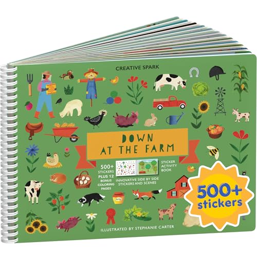 Farm Animal 500+ Kids Sticker Book by Cupkin Toddler Airplane Travel Activity Coloring and Sticker Book, Road Trip Essentials, 12 Coloring Pages 12 Scenes for Ages 2–8 Years - color: Down at the Farm