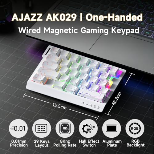 AJAZZ AK029 Wired One-Handed Hall Effect Mechanical Gaming Keypad, 29 Keys | Magnetic Switch, Rapid Trigger, 8KHz Polling, SOCD/DKS, RGB Backlit, Web Driver Customizable, Portable, White Contour Line - color: Contour White