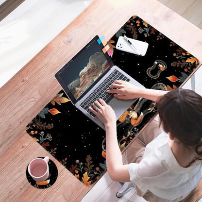 Mouse Pad,Large Desk Mat Set, 4in1 XL Mousepad + Keyboard Wrist Rest+Mouse Wrist Rest+Coaster with Ergonomic Desk Pad for Home Office Table Computer Cover -Cute Fox Moon with Plants - color: Cute Fox Moon with Plants