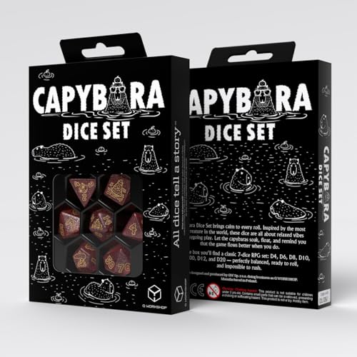 Capybara Dice Set Chillo by Q-Workshop | Ages 14+ | 7 Piece Polyhedral Dice Set with Gold Engraved Numbers | Red Glitter Resin Dice for DND | Pathfinder & Tabletop Roleplaying Games