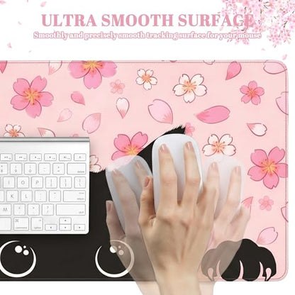 Black Cat Mouse Pad Extended Large Cute Pink Cherry Blossom Desk Mat Big Floral Flowers Desk Pad Set XXL Aesthetic Paw Gaming Mouse Pad for Keyboard Computer Laptop Home Office Girl 31.5X15.7Inches - color: Cherry Blossom Cat