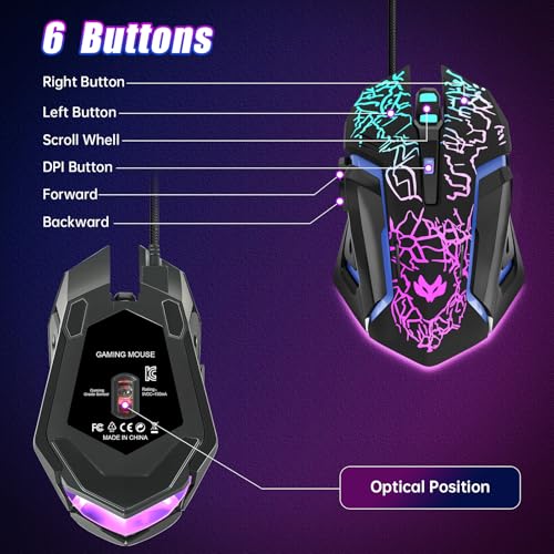 Wired Gaming Mouse,Ergonomic Optical Gaming Mice with 7 Color LED Backlight, 4 DPI Settings Up to 3600 DPI Computer Wired USB Mouse for Laptop/mac, 6 Buttons, Black - color: Wired Black