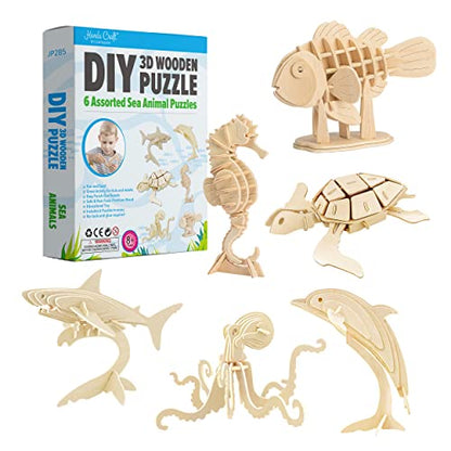 Hands Craft DIY 3D Wooden Puzzle – 6 Assorted Sea Animals Bundle Pack Set Brain Teaser Puzzles Educational STEM Toy Adults and Kids to Build Safe and Non-Toxic Easy Punch Out Premium Wood JP2B5 - color: Sea Animals