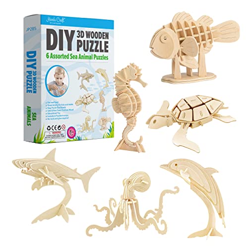 Hands Craft DIY 3D Wooden Puzzle – 6 Assorted Sea Animals Bundle Pack Set Brain Teaser Puzzles Educational STEM Toy Adults and Kids to Build Safe and Non-Toxic Easy Punch Out Premium Wood JP2B5 - color: Sea Animals