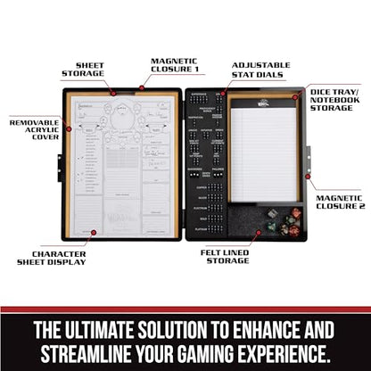 Monster Wooden Deluxe RPG Stat Tracker Case- Keep Track of Player Level, Stats & Currency- Felt Lined Dice Tray, Magnetic Closure w Character Sheets, Store Miniatures & Accessories-Compatible with DND - color: Light Finish