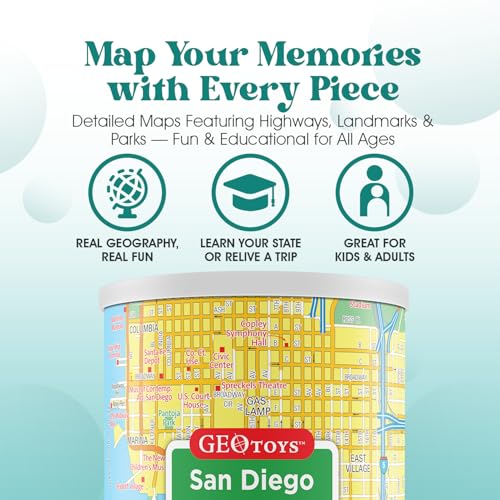 Geotoys San Diego Mini City Puzzle - 100 Piece Puzzles for Kids and Adults in Portable Can, 13" x 10" Educational Travel Puzzle for Ages 7 and Up - Mini Puzzles to Learn & Explore Geography - style: San Diego