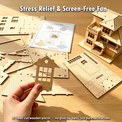 3D Wooden Puzzles for Adults,Miniature Villa Model Kit,DIY Wooden Craft for Home Office Decor,Stress Relief & Screen-Free Activity,Gift for Adults, Teens, Dads, DIY Lovers - style: Three Layers