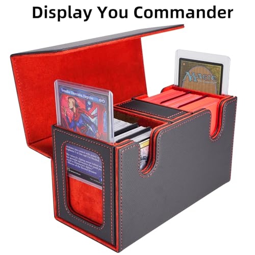 AFIING Mtg deck box with commander display- Fits 200 Double Sleeved Cards,3-in-1Card Deck Case,Strong Magnet Card Organizer For Magic Commander TCG CCG,4Dividers &2 Toploaders, Black/Red - color: Black Red