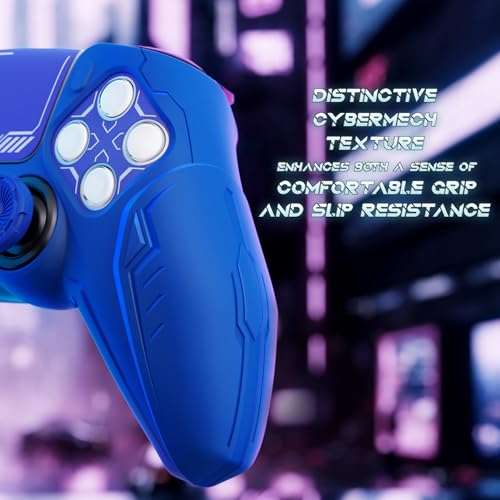 PlayVital 2 Pack Silicone Skin Set for PS5 Controller - Charging Dock Compatible, Full Protection Case with Futuristic CyberMech Design, Soft Cover with Thumb Grips & Stickers - Blue - color: 2 Blue