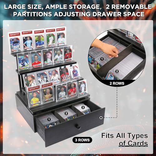 Wooden 4-Tier Trading Card Display Case, Sports Card Display stand with Custom Drawer, Card Supporters & Dividers For Graded Card Display Collection Storage