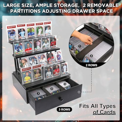 Wooden 4-Tier Trading Card Display Case, Sports Card Display stand with Custom Drawer, Card Supporters & Dividers For Graded Card Display Collection Storage