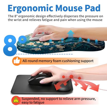 YIWEI Ergonomic Mouse Pad with Wrist Rest for Carpal Tunnel Pain Relief | Memory Foam Wrist Support,Non-Slip Rubber Base, Keyboard Computer Mousepad,Lycra Cloth Surface,Gaming Home Office - color: Plum Plossom