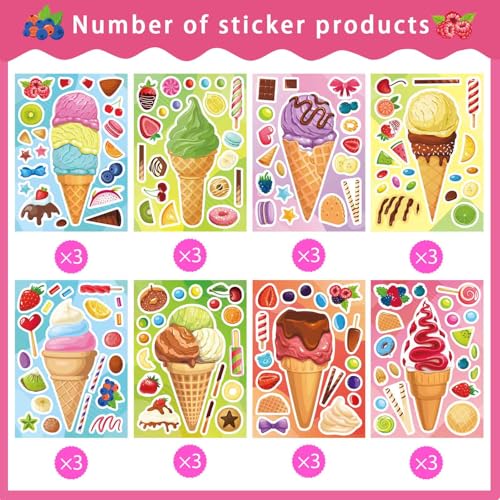 Ice Cream Stickers, Make Your Own Sticker, Make a Face Stickers | 24 Sheets Summer Sticker for Kids Toddlers, Ice Cream Party Favor Supplies Craft - style: Ice Cream