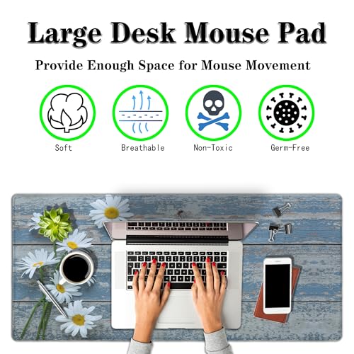 Computer Desk Mat Mouse Pad, Big Non-Slip Rubber Base Mousepad for PC, Work, Game, Office, Home - 35.4 X 15.7 Inch - Daisy Flowers on Old Wooden - color: Old Wooden