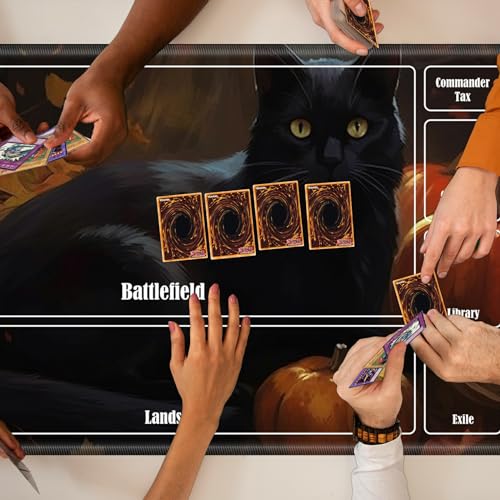 Board Game Mat TCG Playmat Plus 50 Pcs Card Sleeves, 24 x 14 inches Table Mats Games Mousepad with Zones Smooth Surface for MTG RPG CCG Trading Card Game Play Mats, Black Cat Pumpkin - color: Black Cat Pumpkin, size: Zone 1