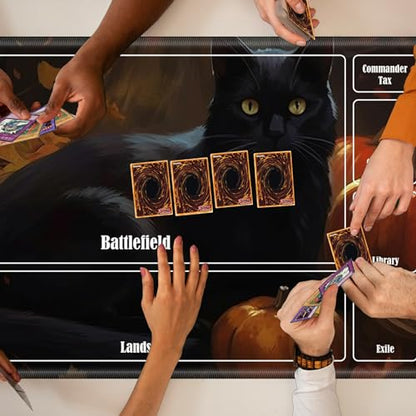 Board Game Mat TCG Playmat Plus 50 Pcs Card Sleeves, 24 x 14 inches Table Mats Games Mousepad with Zones Smooth Surface for MTG RPG CCG Trading Card Game Play Mats, Black Cat Pumpkin - color: Black Cat Pumpkin, size: Zone 1