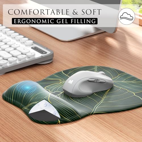 MROCO Ergonomic Mouse Pad with Gel Wrist Rest, 9.4 x 8.1 in, Green Leaves | Ergonomic Shape Design, Multiple Pattern Options, Gel Wrist Comfort, Smooth Lycra Surface, Non-Slip PU Base - color: Green Leaves