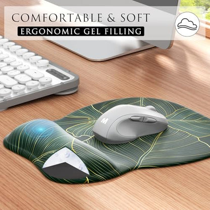 MROCO Ergonomic Mouse Pad with Gel Wrist Rest, 9.4 x 8.1 in, Green Leaves | Ergonomic Shape Design, Multiple Pattern Options, Gel Wrist Comfort, Smooth Lycra Surface, Non-Slip PU Base - color: Green Leaves