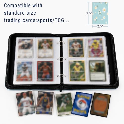 Cute Trading Card Binder for Girls for 480 Pockets, Small Cards Holder Case with Zipper for Cards Sticker Photocard Collection, 4 Pocket Blue Flower - color: Blue