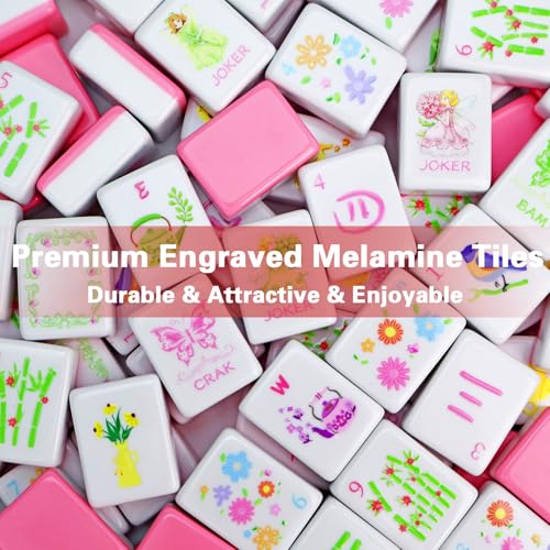 Portable Pink Mahjong Set 160 Premium Melamine Tiles, Engraved American Mahjong Game with Carrying Bag&3 Dice Compact 0.9” x 1.18” x 0.5” Tiles, Scuff‑Proof & Drop‑Resistant for Adults Family Travel