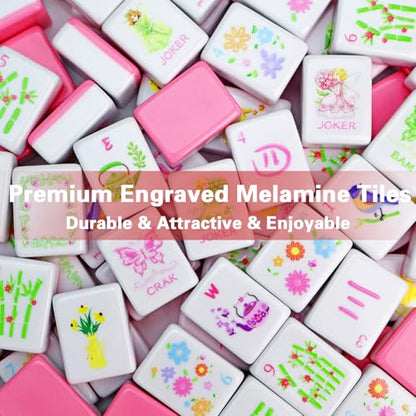 Portable Pink Mahjong Set 160 Premium Melamine Tiles, Engraved American Mahjong Game with Carrying Bag&3 Dice Compact 0.9” x 1.18” x 0.5” Tiles, Scuff‑Proof & Drop‑Resistant for Adults Family Travel