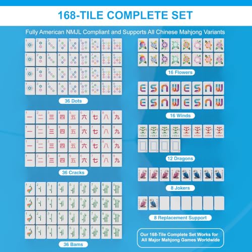 Mahjong Tile Set - 168 Engraved American Mah jongg Tiles Game Sets - Blue Complete Cute Mah Jong, Beautiful Pretty 1.2” Majong Only, 3D Carving Mahjongg with Bag and Dice Accessories (Blue) - color: Blue