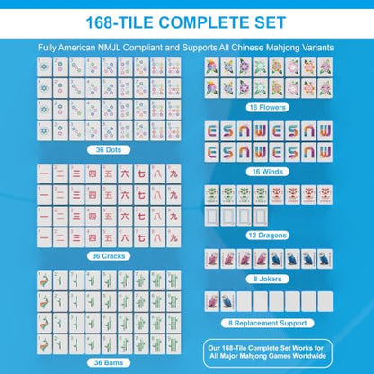 Mahjong Tile Set - 168 Engraved American Mah jongg Tiles Game Sets - Blue Complete Cute Mah Jong, Beautiful Pretty 1.2” Majong Only, 3D Carving Mahjongg with Bag and Dice Accessories (Blue) - color: Blue
