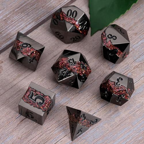 Metal Polyhedral Dice Set, 7PCS RPG Dice with Galaxy Glitter Resin Inlay for Dungeons and Dragons, Pathfinder Tabletop Role Playing Games - color: Black Nickel Red