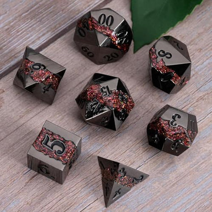Metal Polyhedral Dice Set, 7PCS RPG Dice with Galaxy Glitter Resin Inlay for Dungeons and Dragons, Pathfinder Tabletop Role Playing Games - color: Black Nickel Red
